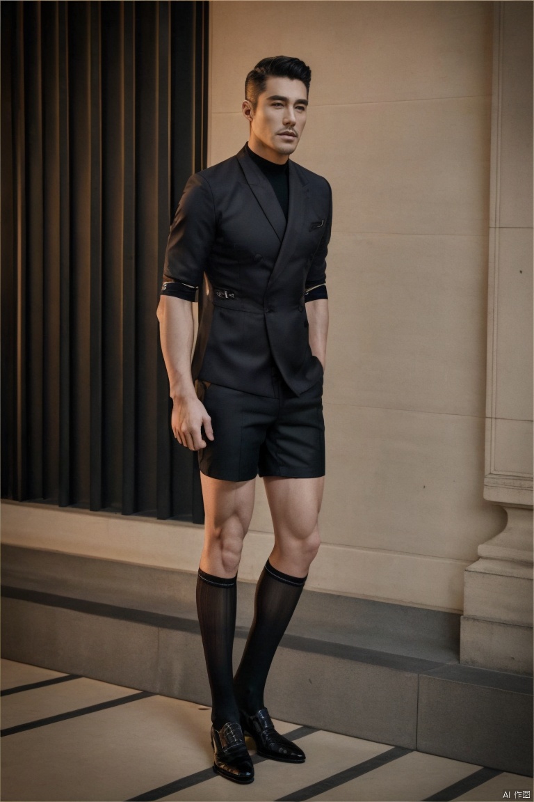 jzns, 1man,fashion model,male focus,asian,exquisite facial features,handsome,muscular,pectorales,tight shorts,gothic kneehigh socks,full body,Business fashion, (masterpiece, realistic, best quality, highly detailed,profession),hzbz,hbing