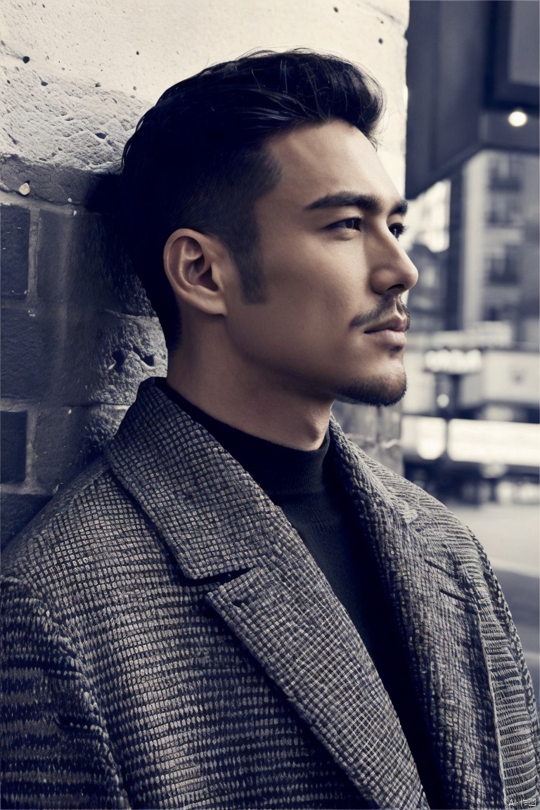 jzns,hbing,1man,fashion model,male focus,asian,solo,exquisite facial features,handsome,fashion forward, facial hair, upper body, profile, mature,(masterpiece, realistic, best quality, highly detailed,profession), 