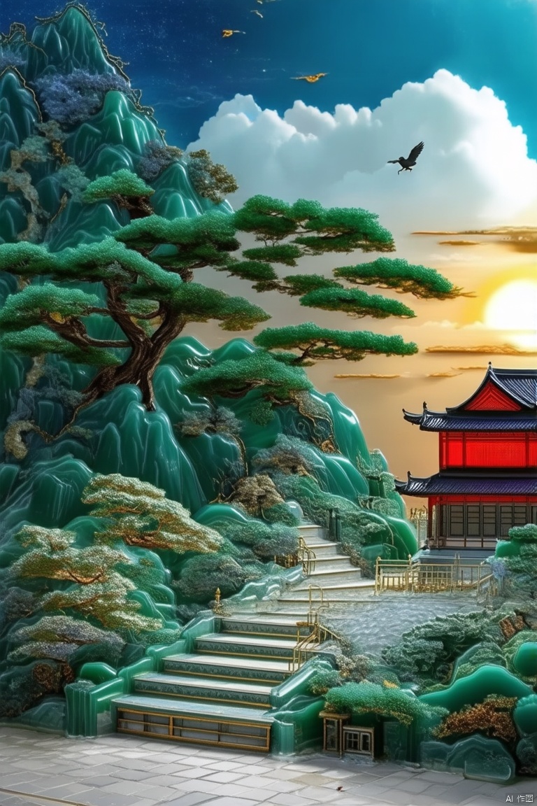 outdoors,sky,cloud,tree,no humans,bird,building,scenery,sunset,stairs,mountain,architecture,east asian architecture,emerald green jade,gold,