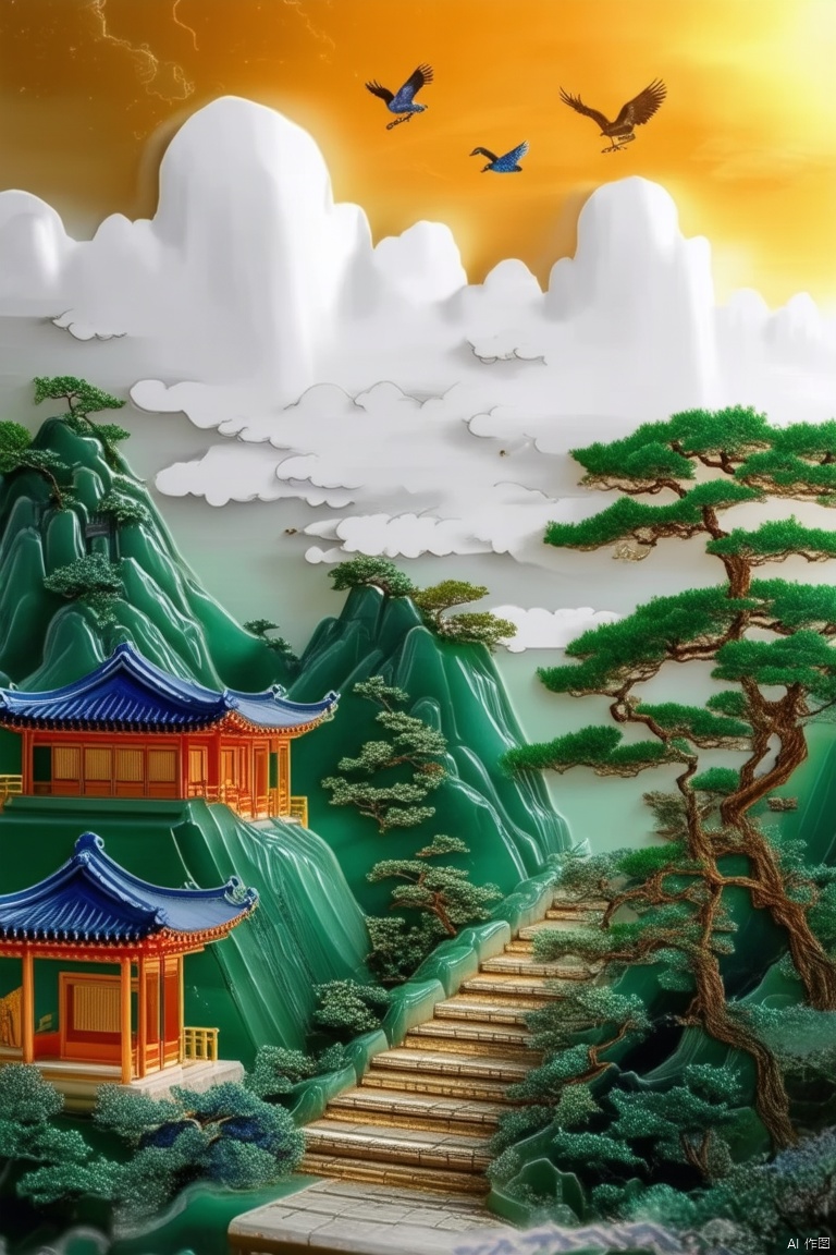 outdoors,sky,cloud,tree,no humans,bird,building,scenery,sunset,stairs,mountain,architecture,east asian architecture,emerald green jade,gold,