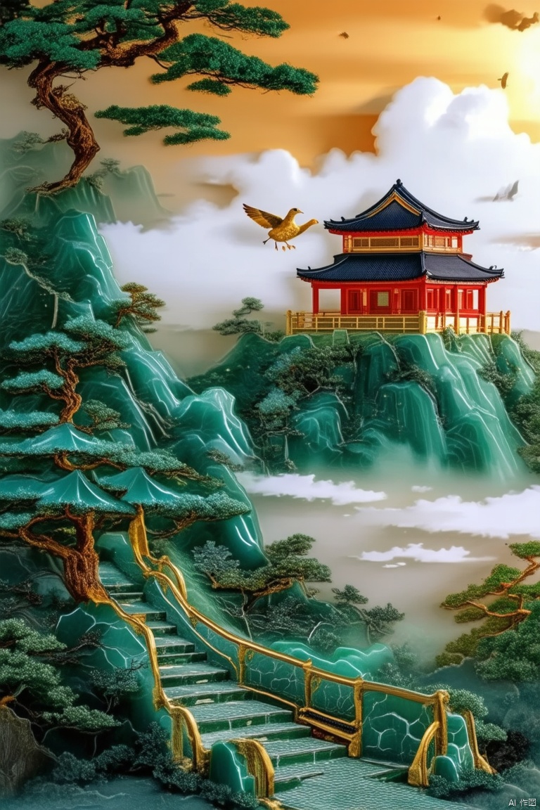 outdoors,sky,cloud,tree,no humans,bird,building,scenery,sunset,stairs,mountain,architecture,east asian architecture,emerald green jade,gold,