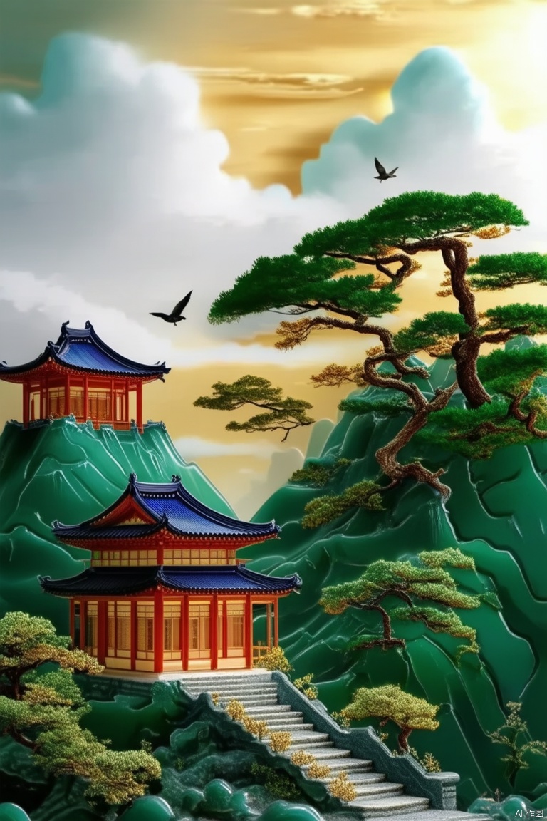 outdoors,sky,cloud,tree,no humans,bird,building,scenery,sunset,stairs,mountain,architecture,east asian architecture,emerald green jade,gold,