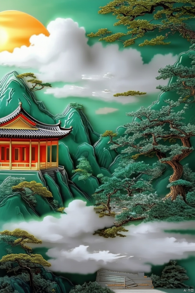 outdoors,sky,cloud,tree,no humans,bird,building,scenery,sunset,stairs,mountain,architecture,east asian architecture,emerald green jade,gold,