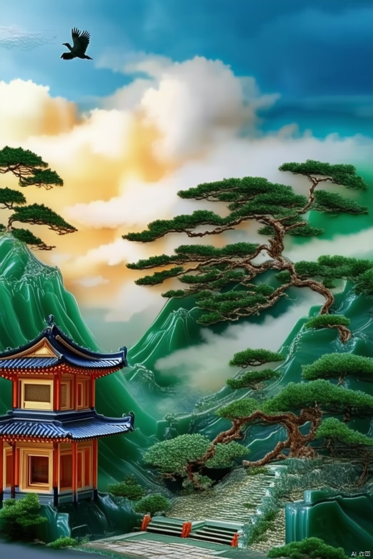 outdoors,sky,cloud,tree,no humans,bird,building,scenery,sunset,stairs,mountain,architecture,east asian architecture,emerald green jade,gold,