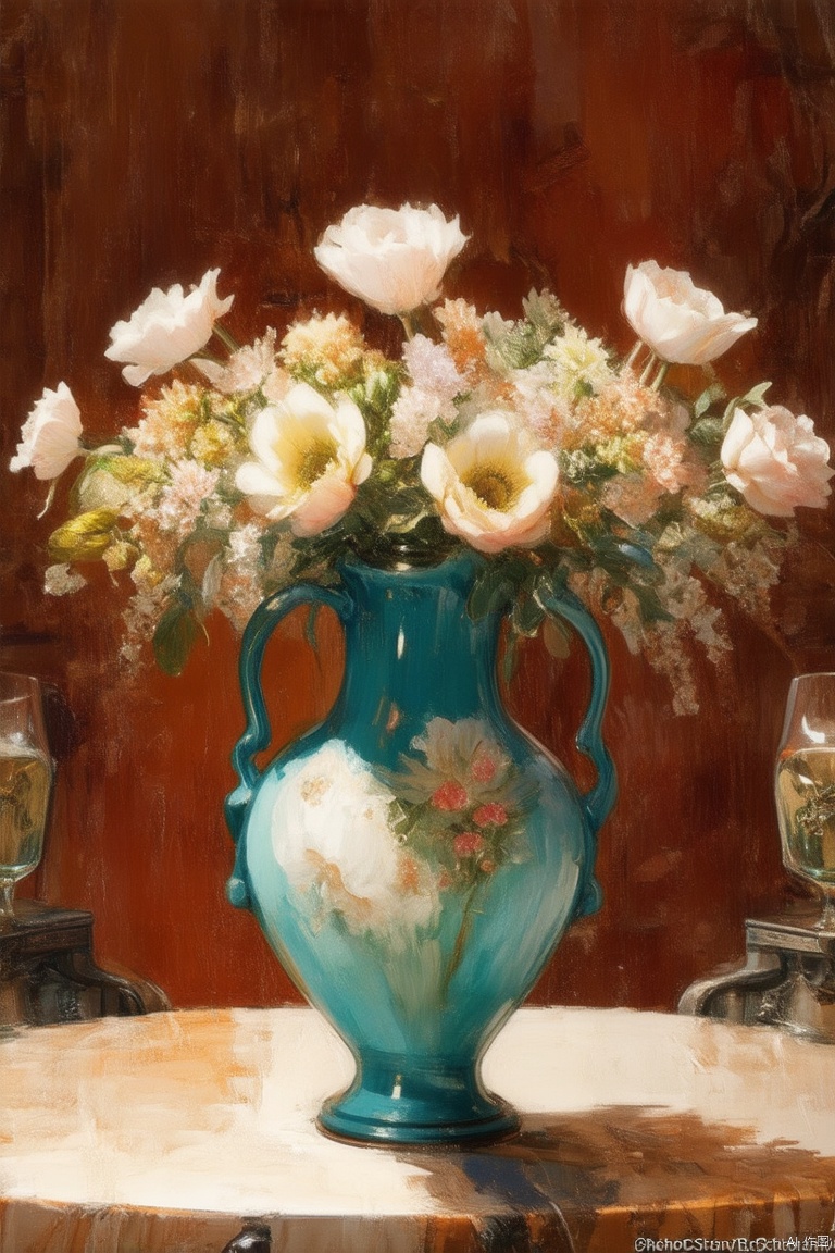Close up, vase on dining table, front composition, wallpaper, high resolution, oil painting style, oil painting