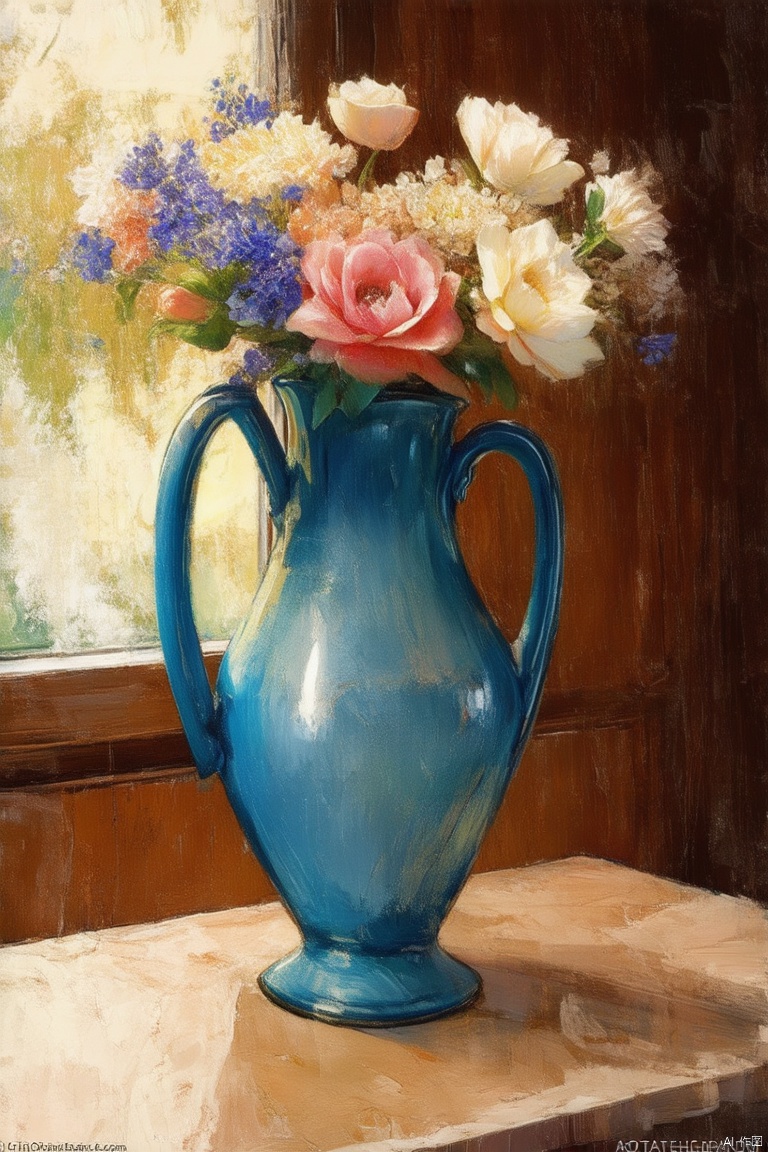 Close up, vase in front of the window, front composition, wallpaper, extremely high resolution, Oil painting style, oil painting