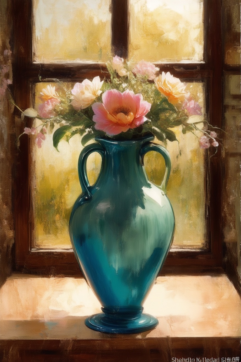  Close up, differential window, vase in front of the window, front composition, wallpaper, high resolution, oil painting style, oil painting