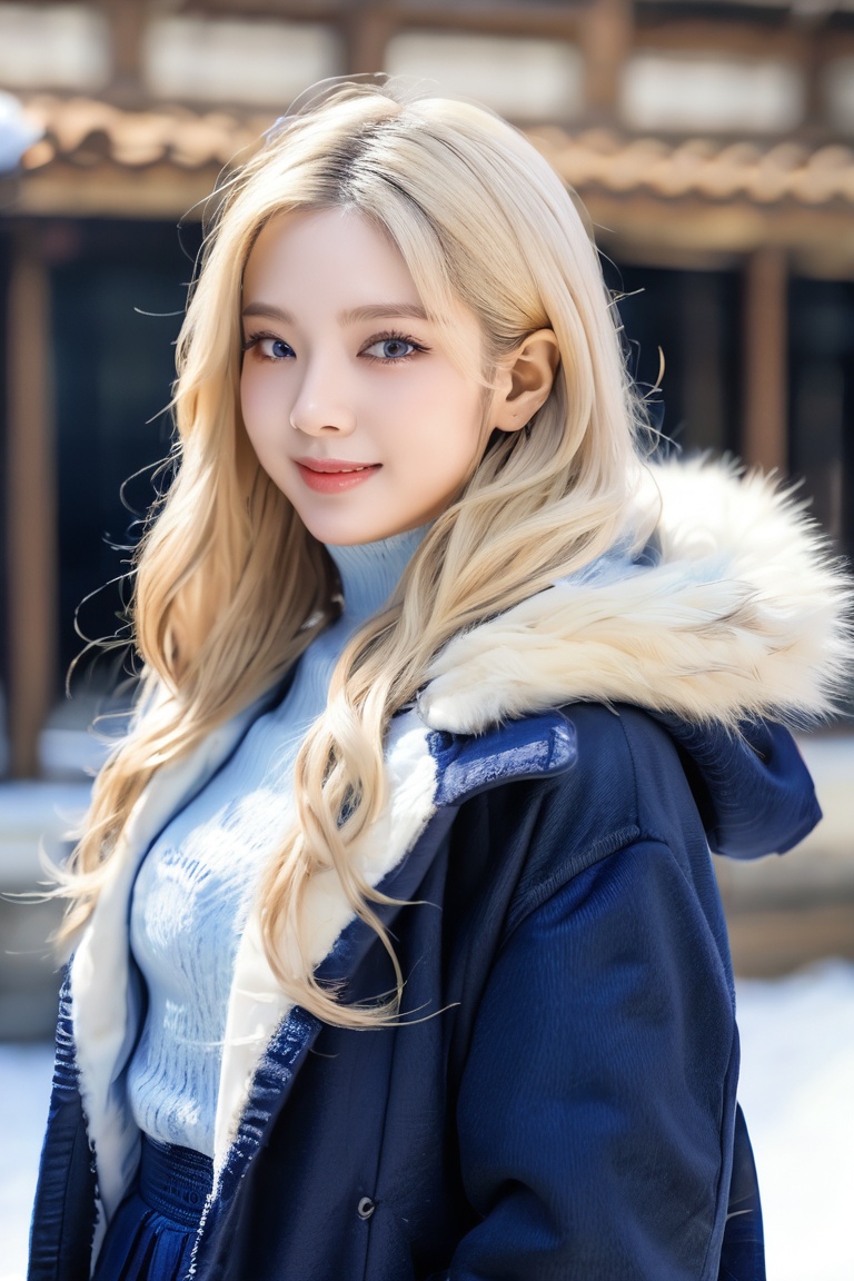 masterpiece, Best Quality), real image, intricate details,, Alone, Upper part of the body, Casual, by the wide, minimal makeup, natural fabrics, closeup face, smile, Home, Light platinum blonde long hair, hits, wavy fur, voluminous hair, green eyes, big breasts, shout free, nice clothes, pleated skirt, black skirt, beautiful clothes, blue parkas, blue shelter, coat with fur, blue shelter white fur, hits on forehead, Korean hits, cute hits,
asianbeauty