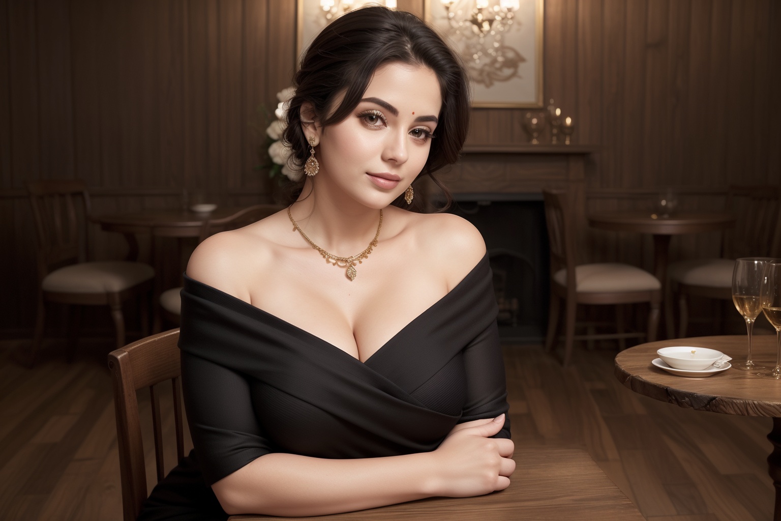 off-the-shoulder knit dress for curvy figures Plus Size woman,  The setting should be a luxurious room and The atmosphere...