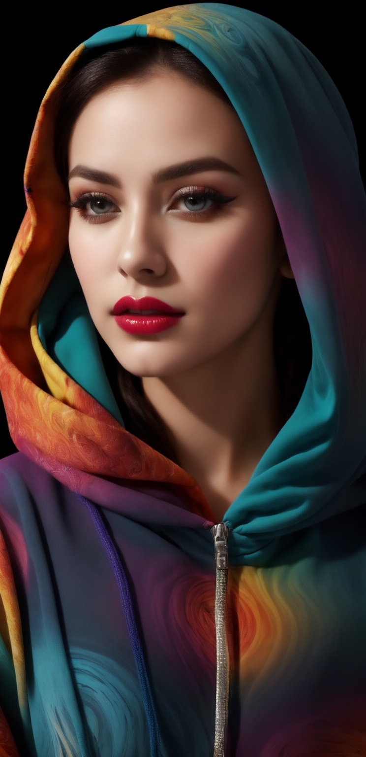 A stunning portrait of a young woman dressed in a vibrant,  multicolored hoodie with swirling patterns of blue,  orange on...