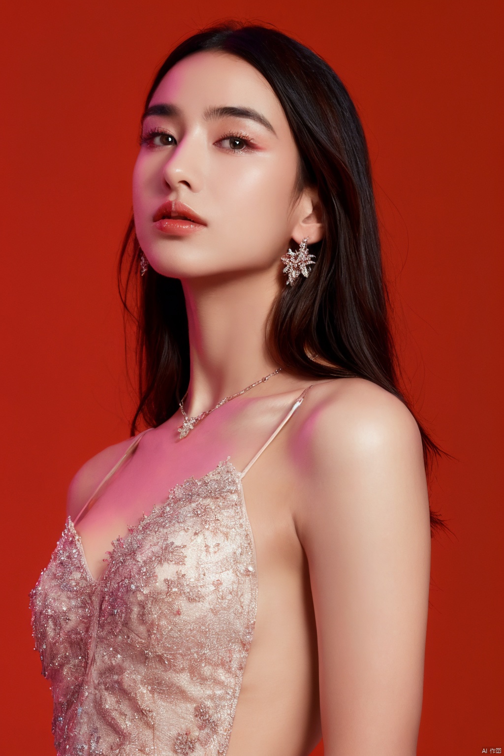  Surrealist beauty photo, a beautiful woman wearing complex and detailed colored clothes and future jewelry, low cut.
