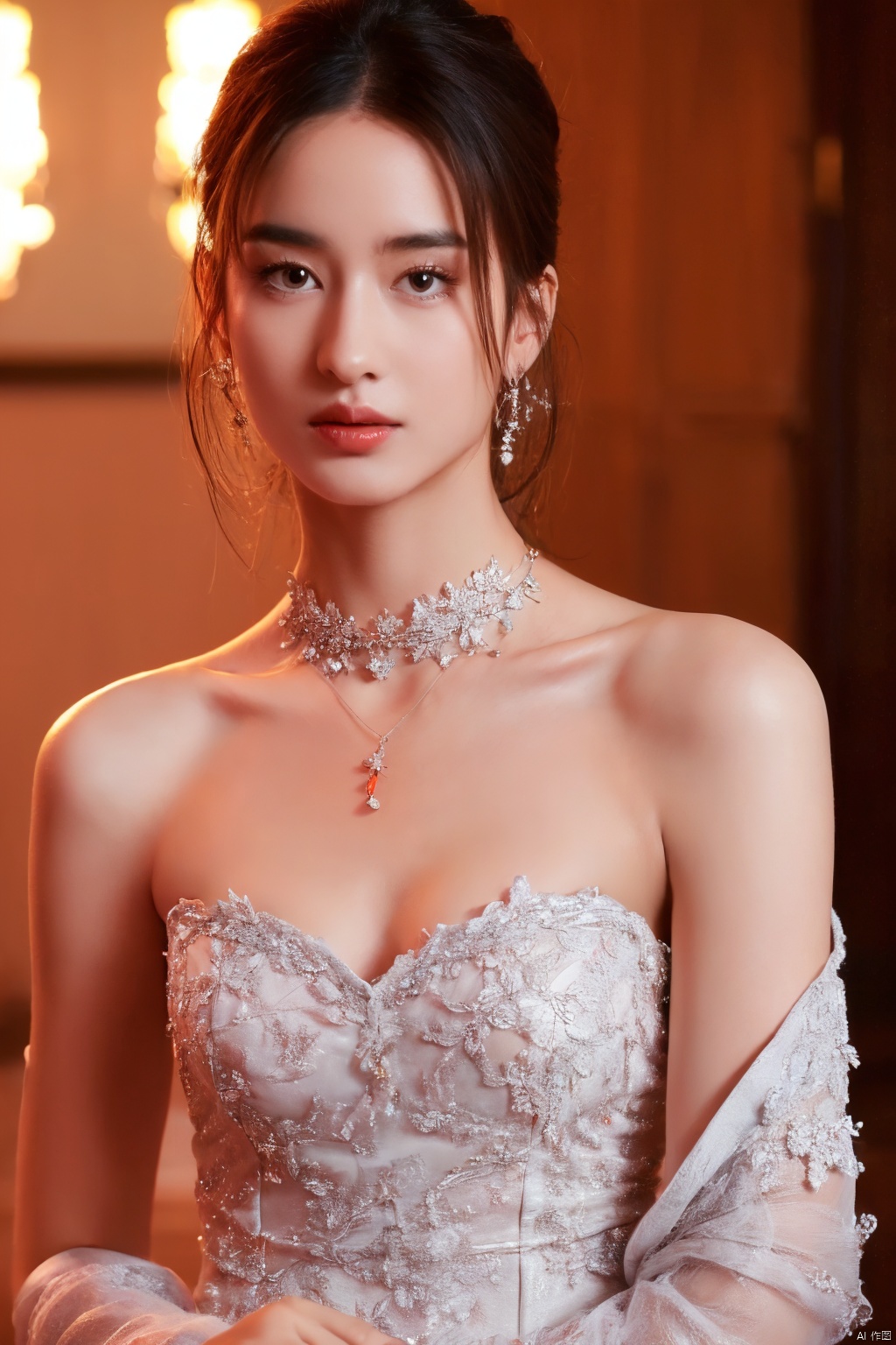  Surrealist beauty photo, a beautiful woman wearing complex and detailed colored clothes and future jewelry, low cut.
