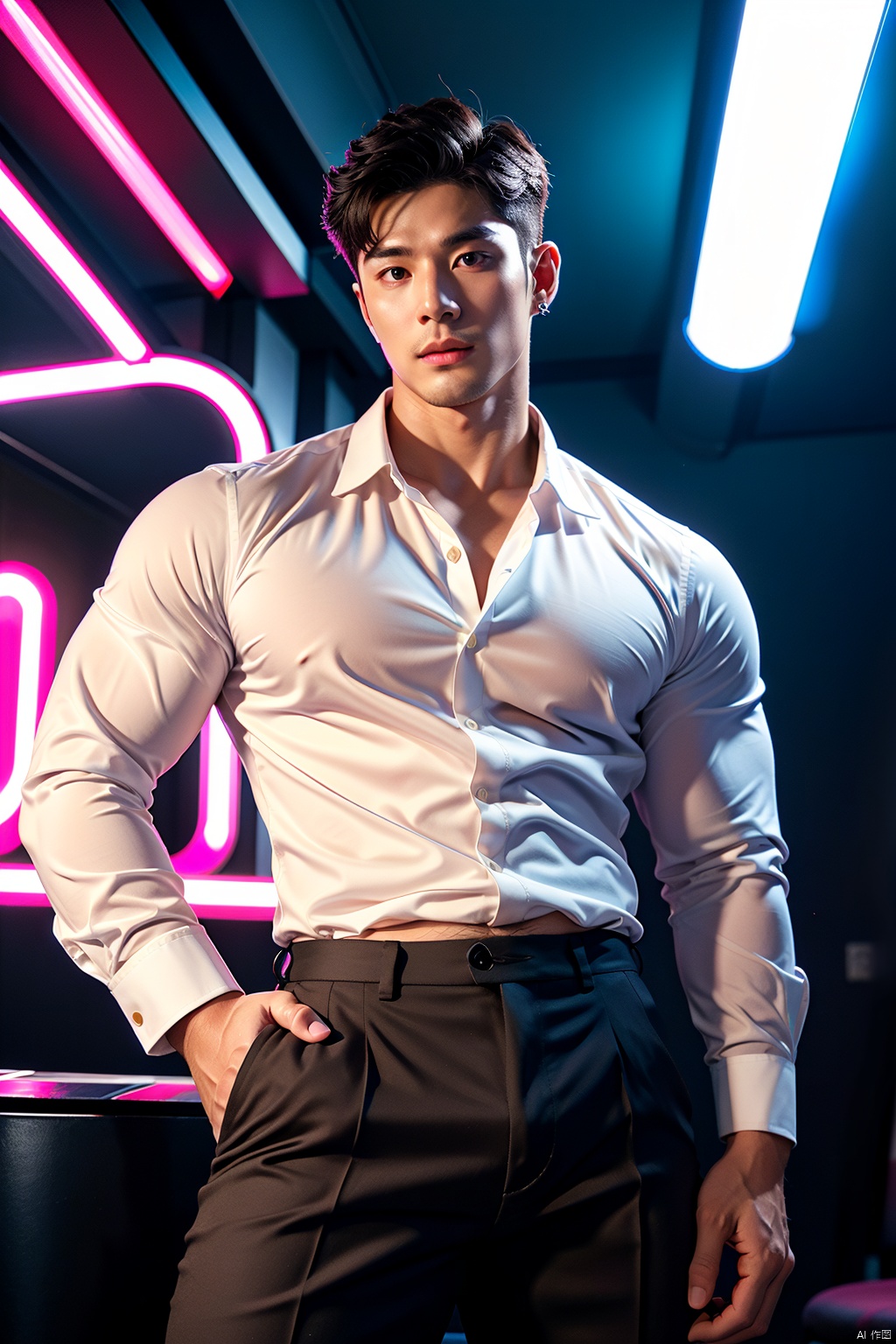 masterpiece,A 30-year-old male,Korean men,Look at me,stubble,Collared shirt,trousers,muscular,nightclub,neon lights,textured skin,super detail,best quality,
