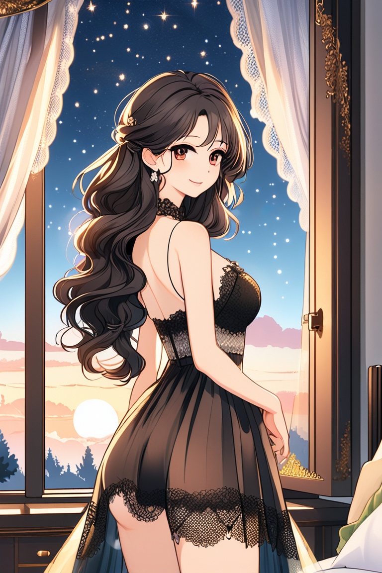 A seductive anime woman with dark, wavy hair, wearing a lacy nightgown, standing by a large window with moonlight streaming in, casting soft shadows on her figure. The background features a luxurious bedroom with elegant curtains and a view of the night sky. Deep colors, soft lighting, inspired by romantic anime, intricate details, moody atmosphere