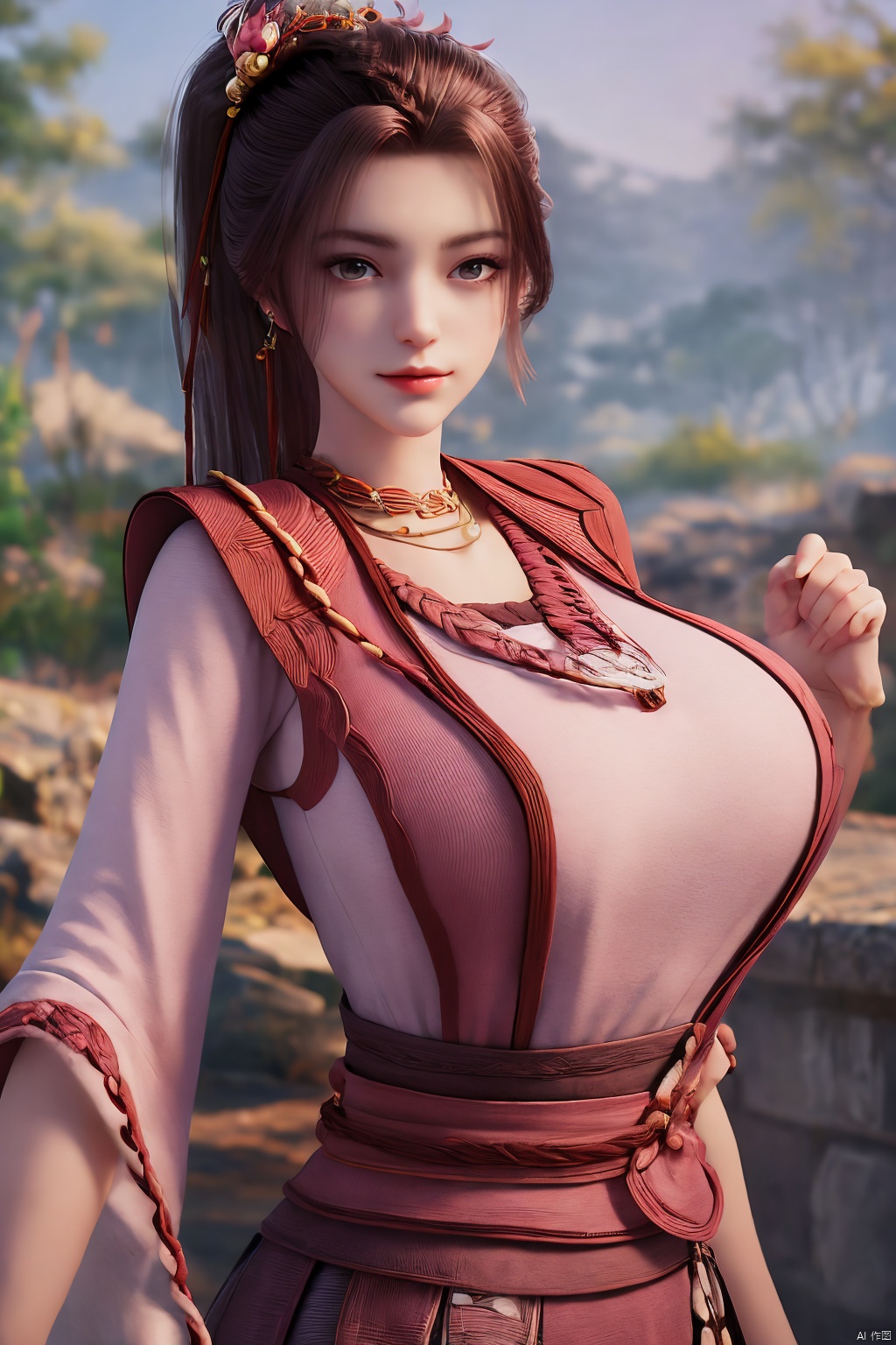 masterpiece,(best quality),(makeup),official art, extremely detailed cg 8k wallpaper,((crystalstexture skin)), (extremely delicate and beautiful),(highly detailed),(1girl), (solo), (jewelry), (earrings),(long_hair),(black_hair),(hair_ornament),(handwear),(breasts),(standing),(braided_hair:1.000),,(upper_body),((dress,skirt)),(multicolored_clothes),(multicolored_dress),(chinese_clothes),(adapted_costume),((closed_mouth)),(sleeves),,(sunshine, outdoor),((looking_at_viewer)),((Facing the camera)),Xzhouxiaohuan,(big breasts:1.69)