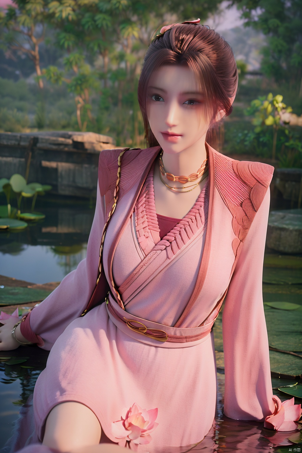 masterpiece,best quality,official art,extremely detailed CG unity 8k wallpaper,realistic,light rays,light particles,1girl,high ponytail,looking_at_viewer,thigh,cowboy_shot,sitting,Xzhouxiaohuan,(big breasts:1.39),,(A pond full of pink lotus flowers:1.5),