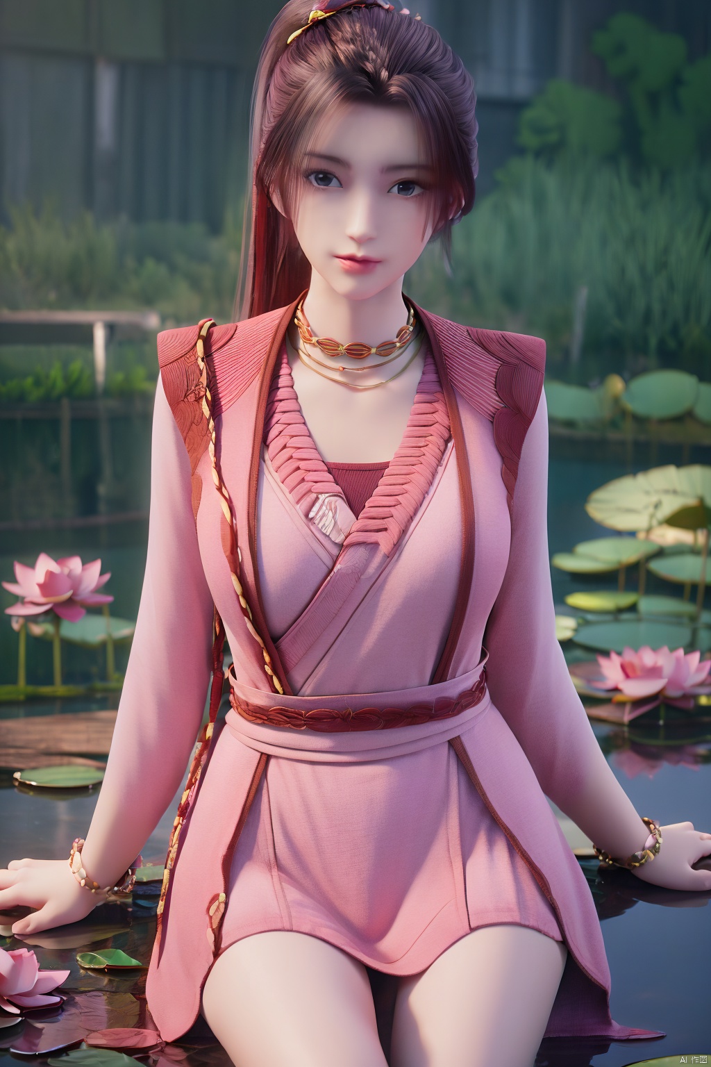 masterpiece,best quality,official art,extremely detailed CG unity 8k wallpaper,realistic,light rays,light particles,1girl,high ponytail,looking_at_viewer,thigh,cowboy_shot,sitting,Xzhouxiaohuan,(big breasts:1.39),,(A pond full of pink lotus flowers:1.5),