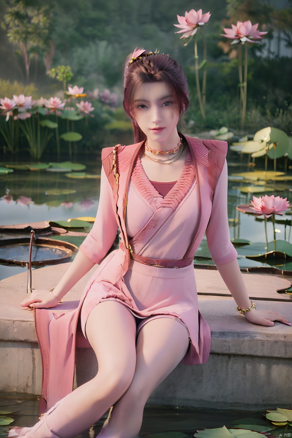 masterpiece,best quality,official art,extremely detailed CG unity 8k wallpaper,realistic,light rays,light particles,1girl,high ponytail,looking_at_viewer,thigh,cowboy_shot,sitting,Xzhouxiaohuan,(big breasts:1.39),,(A pond full of pink lotus flowers:1.5),