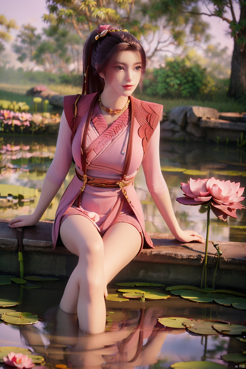 masterpiece,best quality,official art,extremely detailed CG unity 8k wallpaper,realistic,light rays,light particles,1girl,high ponytail,looking_at_viewer,thigh,cowboy_shot,sitting,Xzhouxiaohuan,(big breasts:1.39),,(A pond full of pink lotus flowers:1.5),