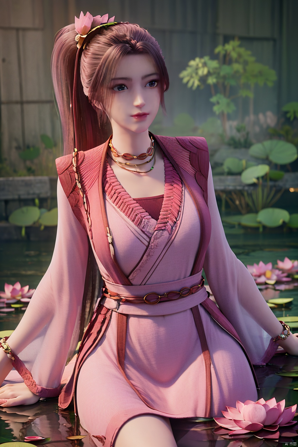 masterpiece,best quality,official art,extremely detailed CG unity 8k wallpaper,realistic,light rays,light particles,1girl,high ponytail,looking_at_viewer,thigh,cowboy_shot,sitting,Xzhouxiaohuan,(big breasts:1.39),,(A pond full of pink lotus flowers:1.5),