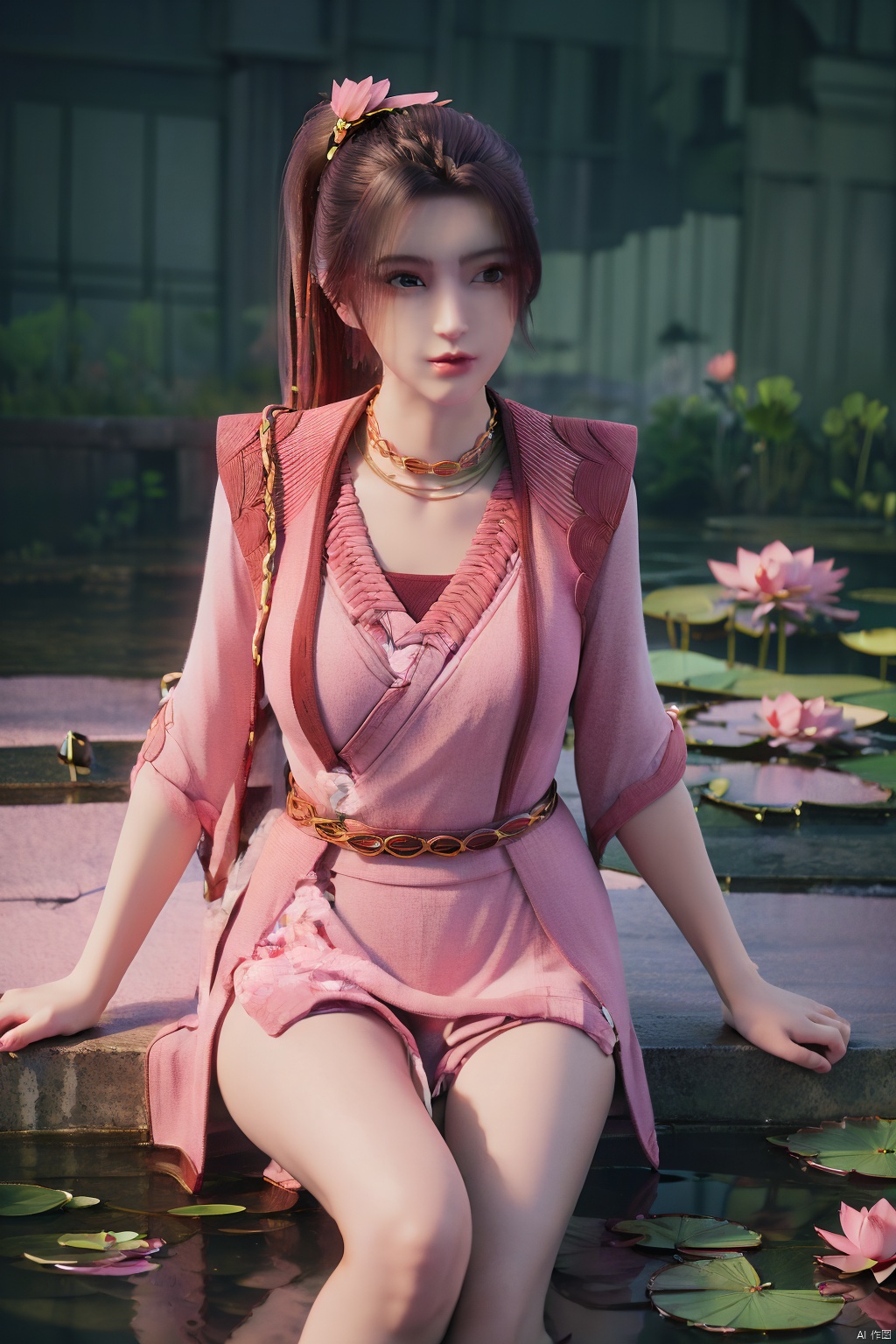 masterpiece,best quality,official art,extremely detailed CG unity 8k wallpaper,realistic,light rays,light particles,1girl,high ponytail,looking_at_viewer,thigh,cowboy_shot,sitting,Xzhouxiaohuan,(big breasts:1.39),,(A pond full of pink lotus flowers:1.5),