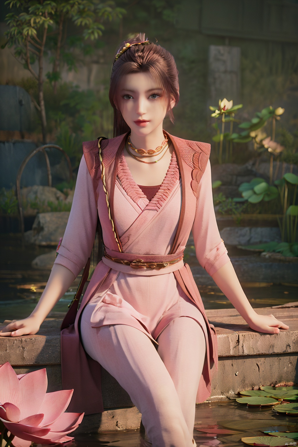 masterpiece,best quality,official art,extremely detailed CG unity 8k wallpaper,realistic,light rays,light particles,1girl,high ponytail,looking_at_viewer,thigh,cowboy_shot,sitting,Xzhouxiaohuan,(big breasts:1.39),,(A pond full of pink lotus flowers:1.5),