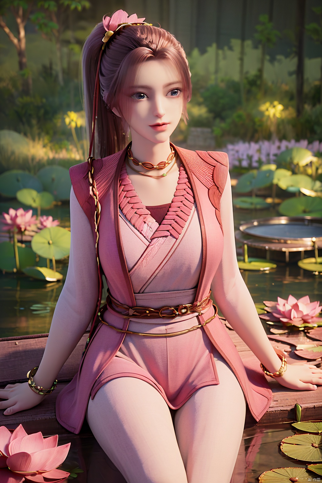 masterpiece,best quality,official art,extremely detailed CG unity 8k wallpaper,realistic,light rays,light particles,1girl,high ponytail,looking_at_viewer,thigh,cowboy_shot,sitting,Xzhouxiaohuan,(big breasts:1.39),,(A pond full of pink lotus flowers:1.5),