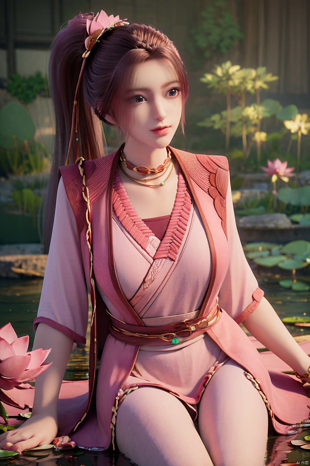 masterpiece,best quality,official art,extremely detailed CG unity 8k wallpaper,realistic,light rays,light particles,1girl,high ponytail,looking_at_viewer,thigh,cowboy_shot,sitting,Xzhouxiaohuan,(big breasts:1.39),,(A pond full of pink lotus flowers:1.5),
