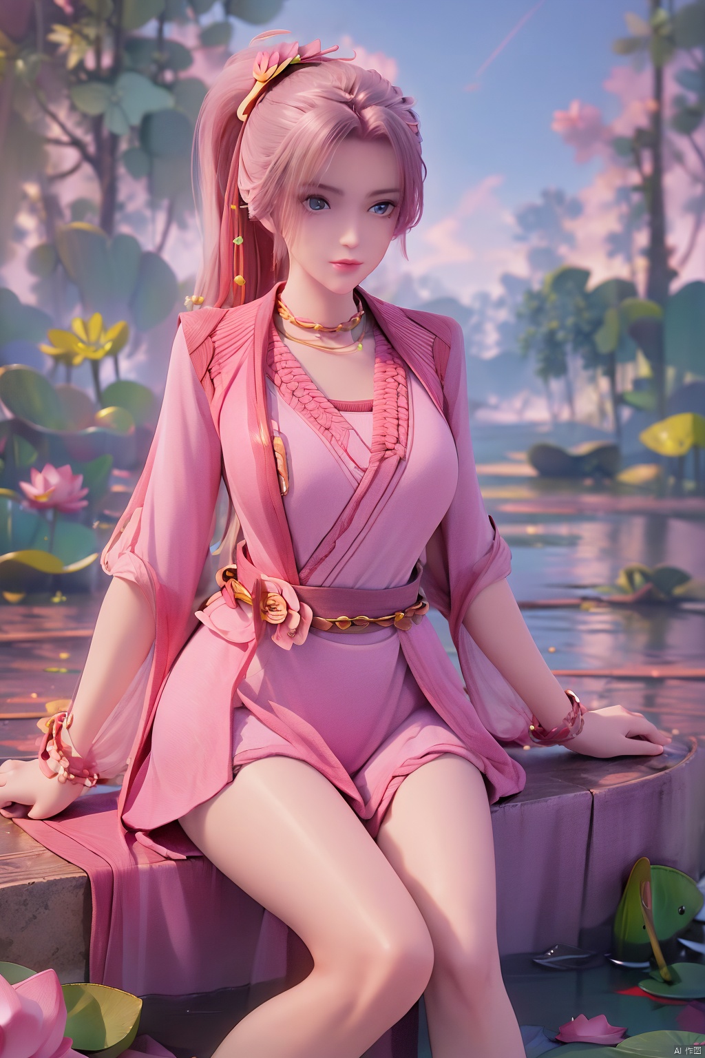 masterpiece,best quality,official art,extremely detailed CG unity 8k wallpaper,realistic,light rays,light particles,1girl,high ponytail,looking_at_viewer,thigh,cowboy_shot,sitting,Xzhouxiaohuan,(big breasts:1.39),,(A pond full of pink lotus flowers:1.5),