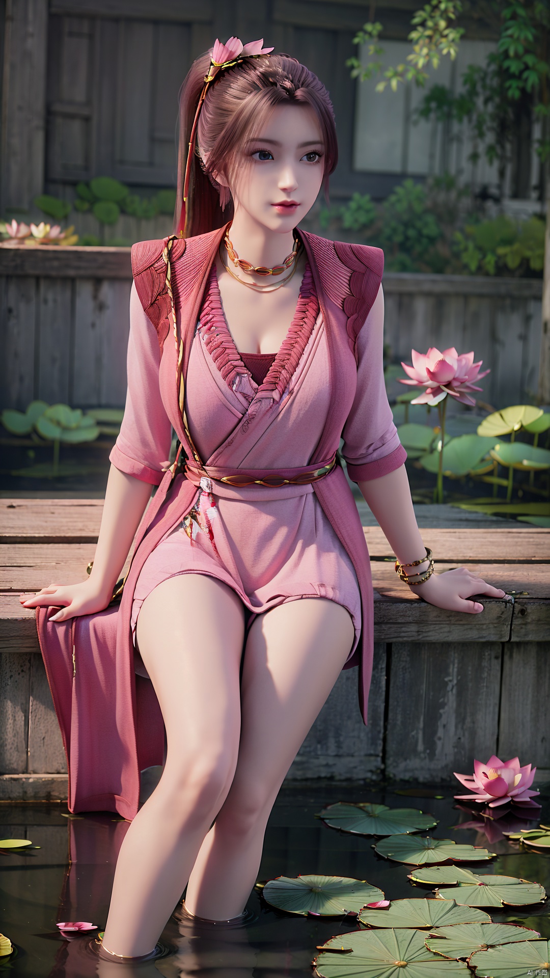 masterpiece,best quality,official art,extremely detailed CG unity 8k wallpaper,realistic,light rays,light particles,1girl,high ponytail,looking_at_viewer,thigh,cowboy_shot,sitting,Xzhouxiaohuan,(big breasts:1.39),,(A pond full of pink lotus flowers:1.5),