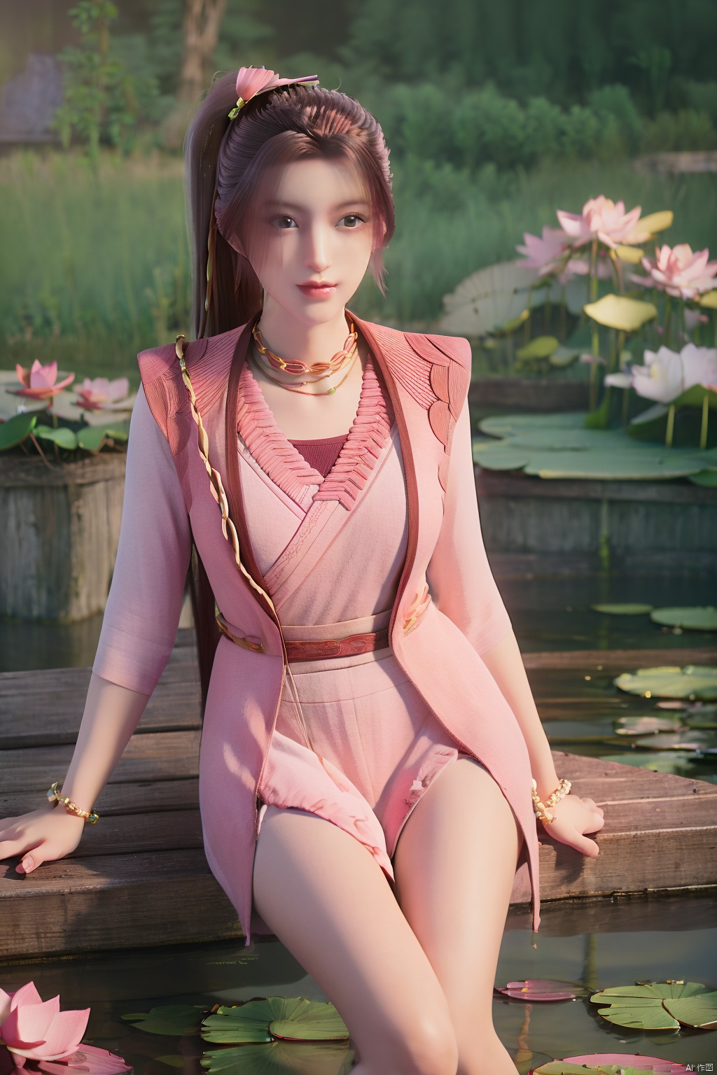 masterpiece,best quality,official art,extremely detailed CG unity 8k wallpaper,realistic,light rays,light particles,1girl,high ponytail,looking_at_viewer,thigh,cowboy_shot,sitting,Xzhouxiaohuan,(big breasts:1.39),,(A pond full of pink lotus flowers:1.5),
