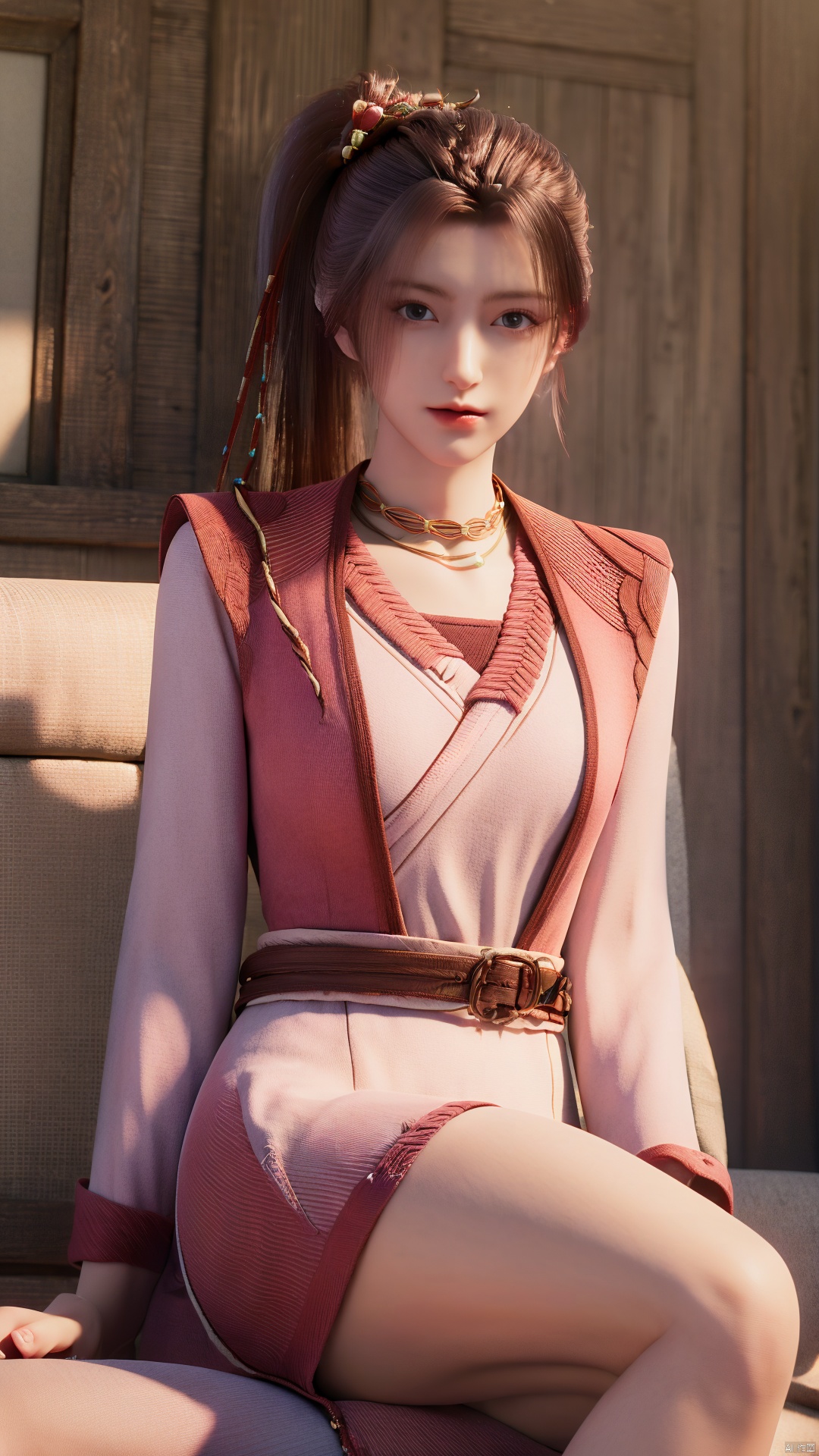 masterpiece,best quality,official art,extremely detailed CG unity 8k wallpaper,realistic,light rays,light particles,1girl,high ponytail,looking_at_viewer,thigh,cowboy_shot,sitting,Xzhouxiaohuan