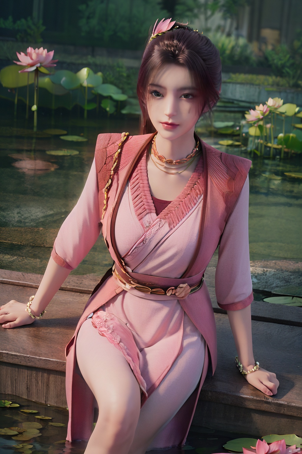 masterpiece,best quality,official art,extremely detailed CG unity 8k wallpaper,realistic,light rays,light particles,1girl,high ponytail,looking_at_viewer,thigh,cowboy_shot,sitting,Xzhouxiaohuan,(big breasts:1.39),,(A pond full of pink lotus flowers:1.5),