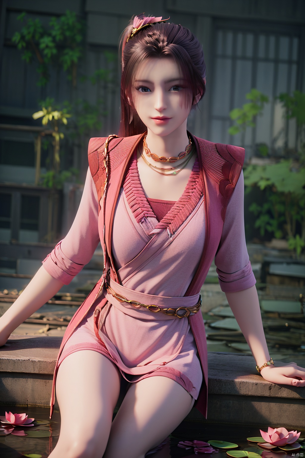 masterpiece,best quality,official art,extremely detailed CG unity 8k wallpaper,realistic,light rays,light particles,1girl,high ponytail,looking_at_viewer,thigh,cowboy_shot,sitting,Xzhouxiaohuan,(big breasts:1.39),,(A pond full of pink lotus flowers:1.5),