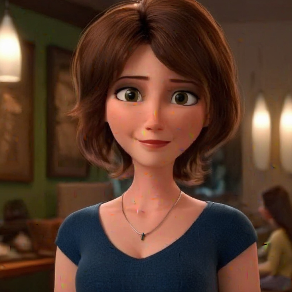 Image of a single girl with short brown hair,  wearing a short-sleeved top that accentuates her breasts. The scene is fram...