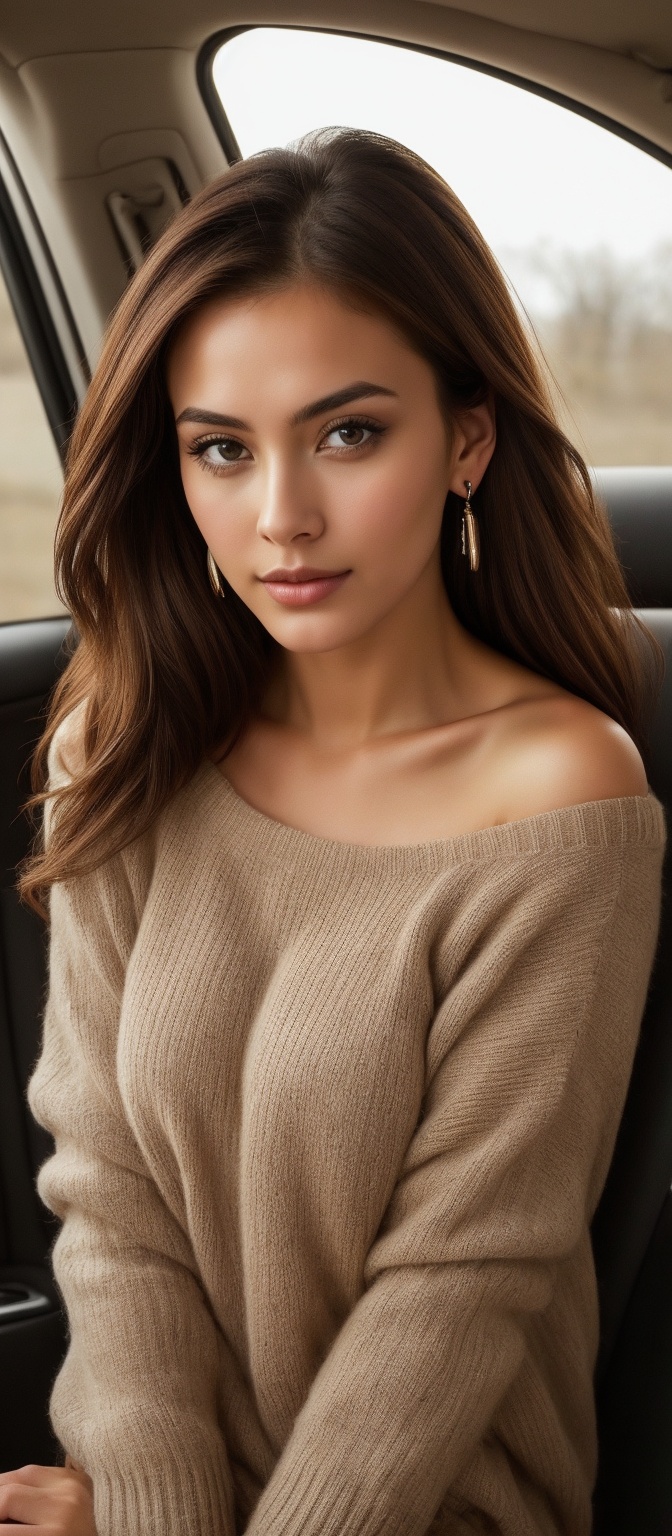 Generate hyper realistic image of a woman with mesmerizing brown hair,  leans against a car,  the white sweater dress she...
