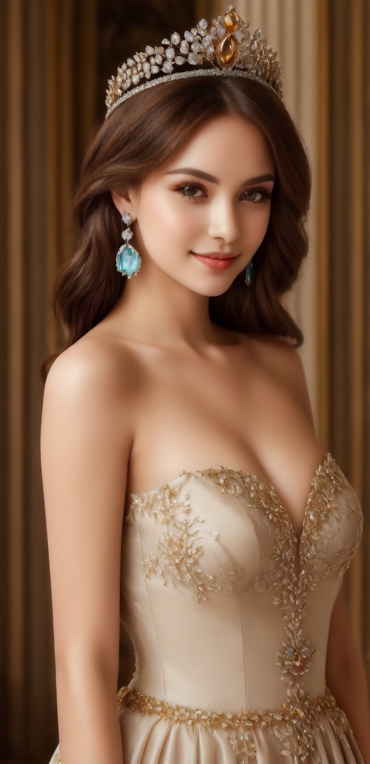 Very beautiful and charming girl,  tender smile,  silver long hair. She wears a very fancy and chaste princess outfit (Bea...