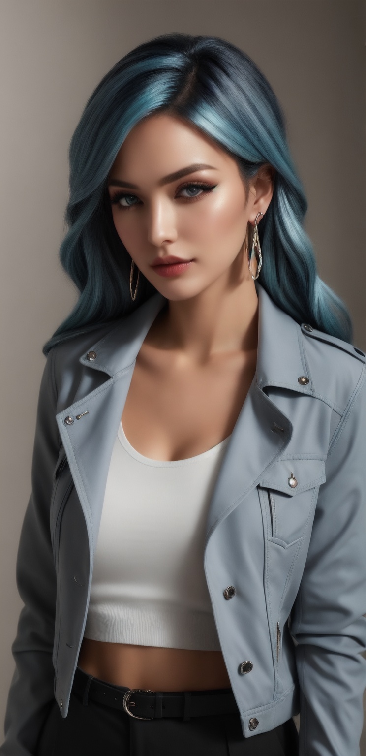 Generate hyper realistic image of a woman with long,  flowing blue hair cascading over her shoulders,  her piercing blue e...