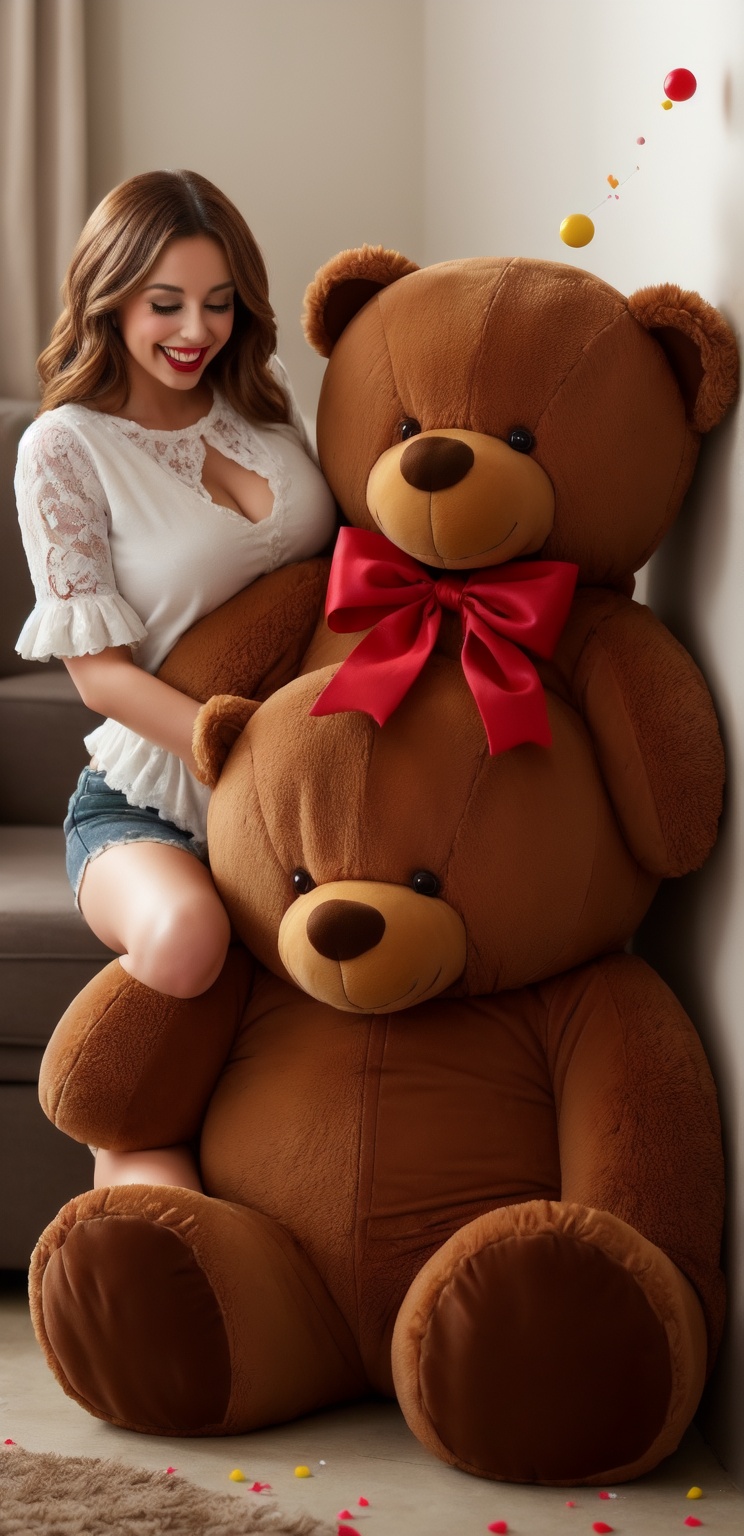A whimsical scene unfolds: a giant teddy bear,  its fur a soft golden brown,  towers over a small teddy bear on Tensor.Art
