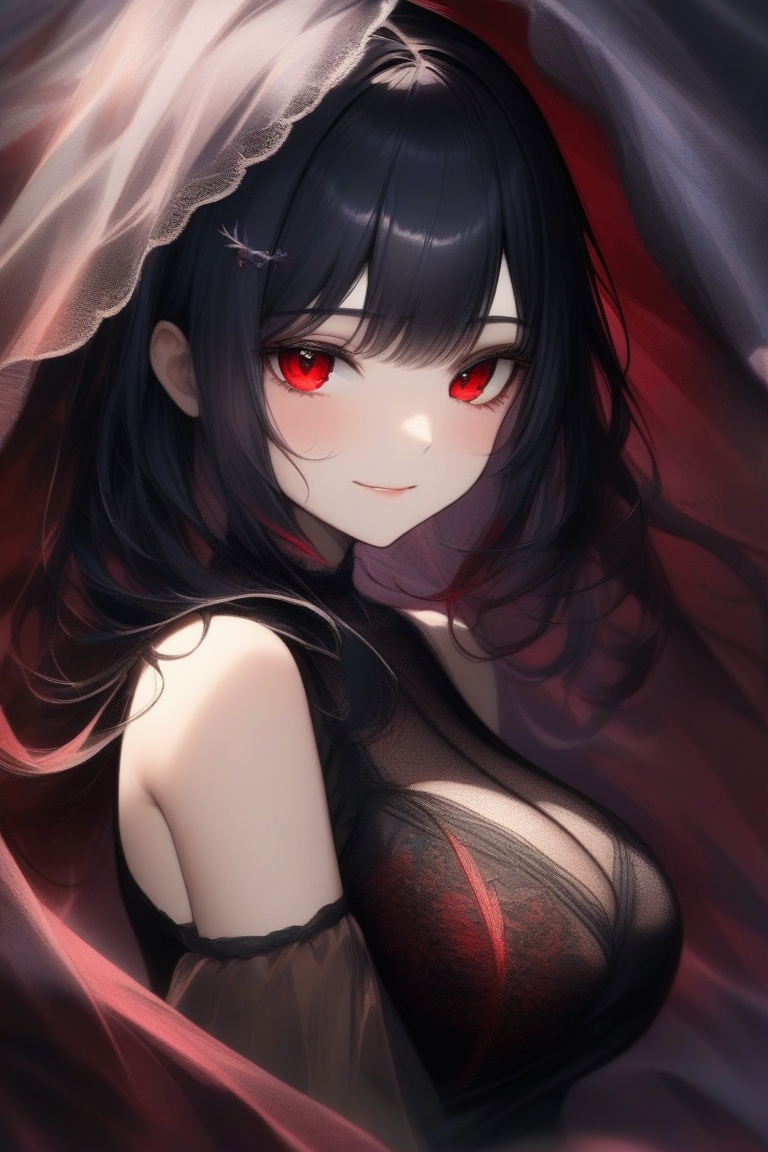 anitrait,  A captivating portrait of a mysterious girl with raven-black hair and piercing red eyes,  set against a rich by...