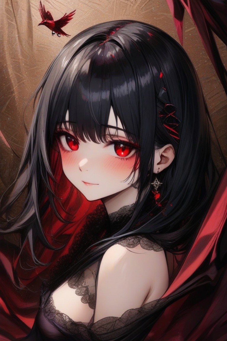 anitrait,  A captivating portrait of a mysterious girl with raven-black hair and piercing red eyes,  set against a rich by...