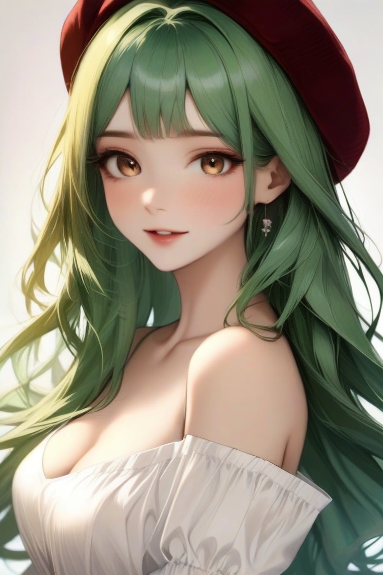 anitrait,  A captivating portrait of a girl with striking features: her vibrant green hair cascades down her back,  while...