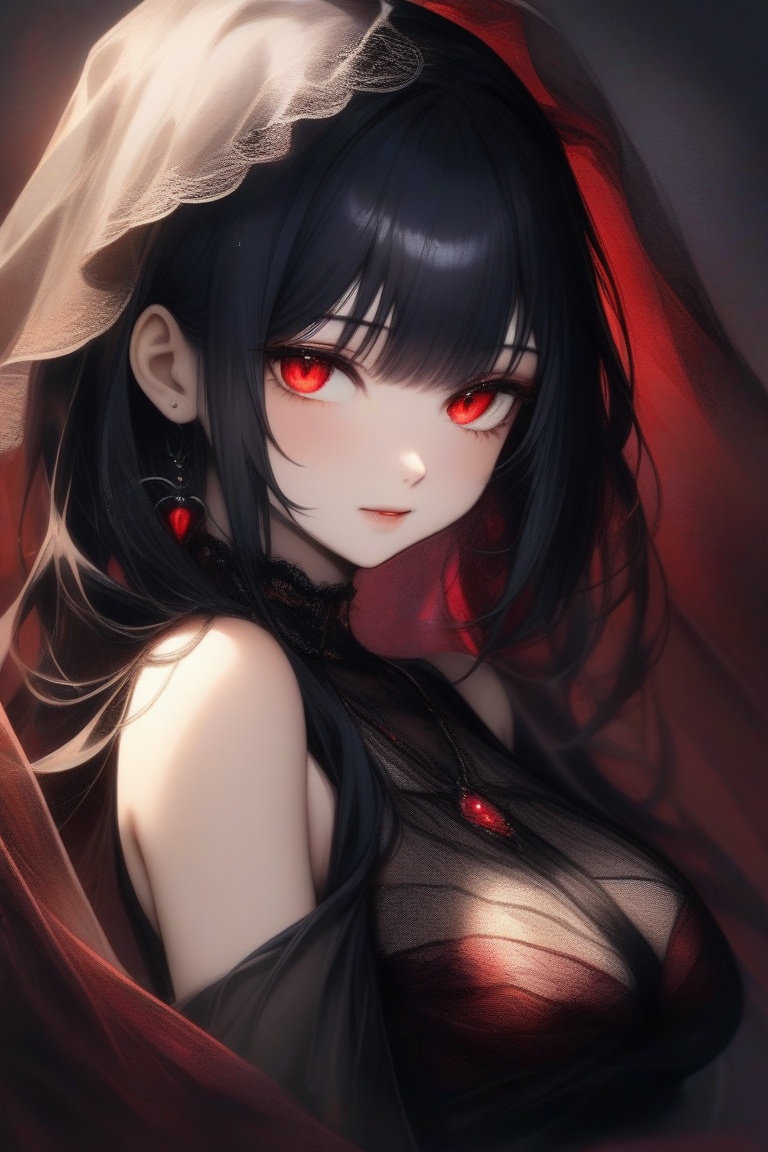anitrait,  A captivating portrait of a mysterious girl with raven-black hair and piercing red eyes,  set against a rich by...