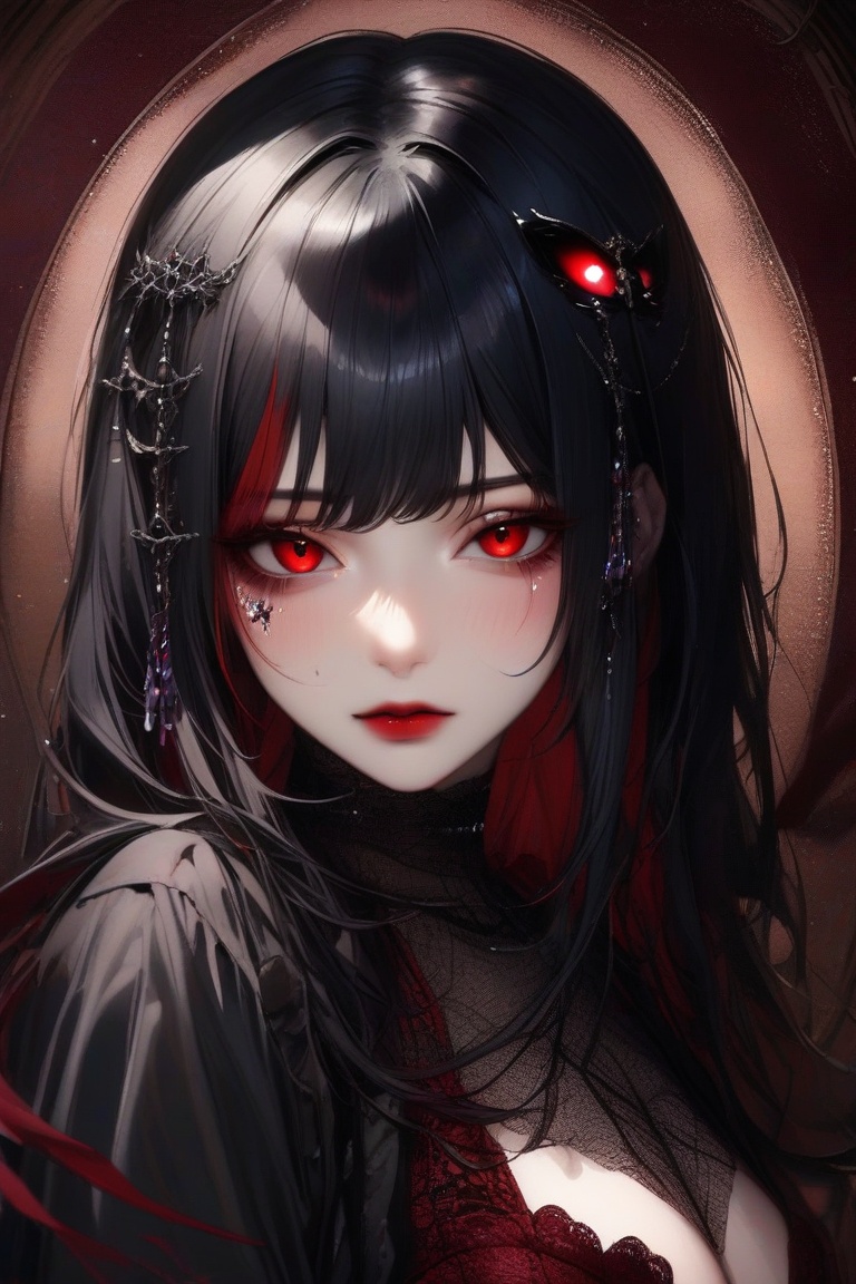 anitrait,  A captivating portrait of a mysterious girl with raven-black hair and piercing red eyes,  set against a rich by...