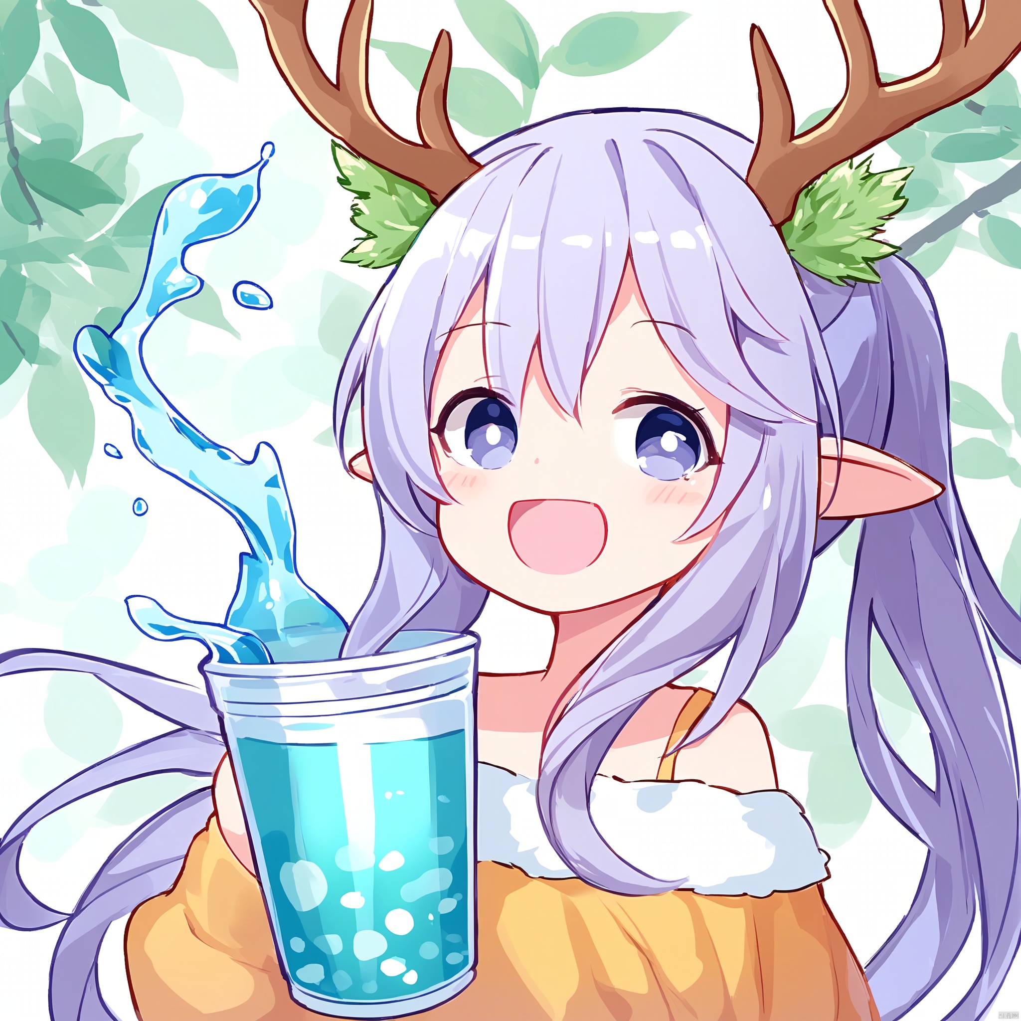 , mjcaiqian, soft color, soft light, in the woods, 1girl, solo, (long hairs:1.2), deer antlers, (blue dragon tail:1.2), adorable kawaii, drinking a milktea, laugh, open mouth, happy, blush, water magic,
