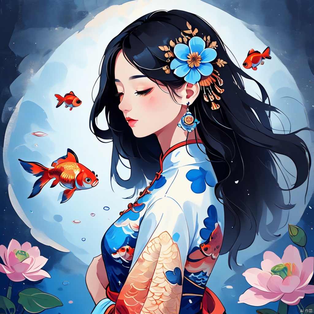 1girl, solo, black_hair, hair_ornament, long_sleeves, jewelry, closed_mouth, closed_eyes, upper_body, flower, earrings, from_side, petals, eyelashes, profile, chinese_clothes, looking_down, animal_print, gem, fish, beads, blue_flower, goldfish, fish_print, koi,kkla