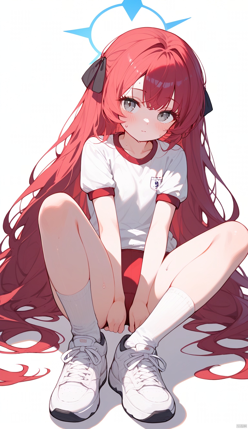   (score_9,score_8_up,score_7_up),1girl,(masterpiece:1.3),( beautiful:1.2),(high quality:1.2),(finely detailed:1.2),extremely detailed CG unity 8k wallpaper,best quality,a very delicate and beautiful,perfect fingers,(one cute girl at the center:1.2),
1girl, solo, long hair, looking at viewer, blush, bangs, simple background, shirt, white background, ribbon, sitting, very long hair, full body, hair ribbon, white shirt, short sleeves, red hair, sweat, shoes, socks, grey eyes, halo, white footwear, white socks, sneakers, gym uniform, buruma, gym shirt, red buruma,irohaBA