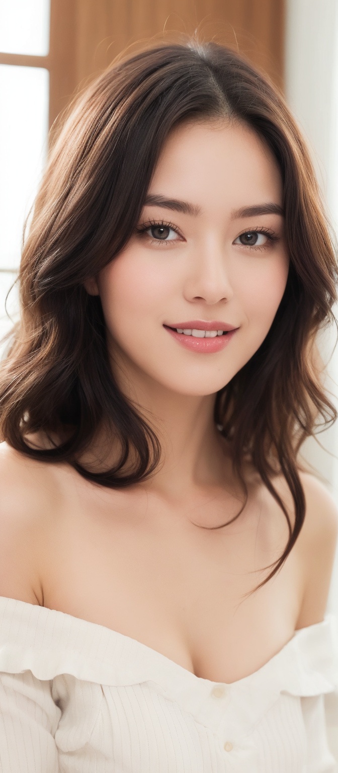 Generate hyper realistic image of a young woman with long,  wavy red hair,  styled in a voluminous and glamorous manner. S...