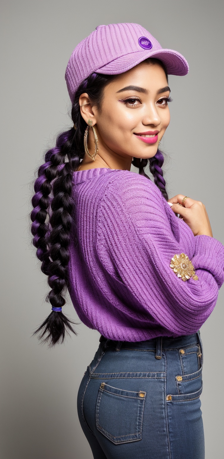 A photorealistic full-body portrait of a stunning 21yo hubggirl with perfect hands. She wears a vibrant purple sweater and...