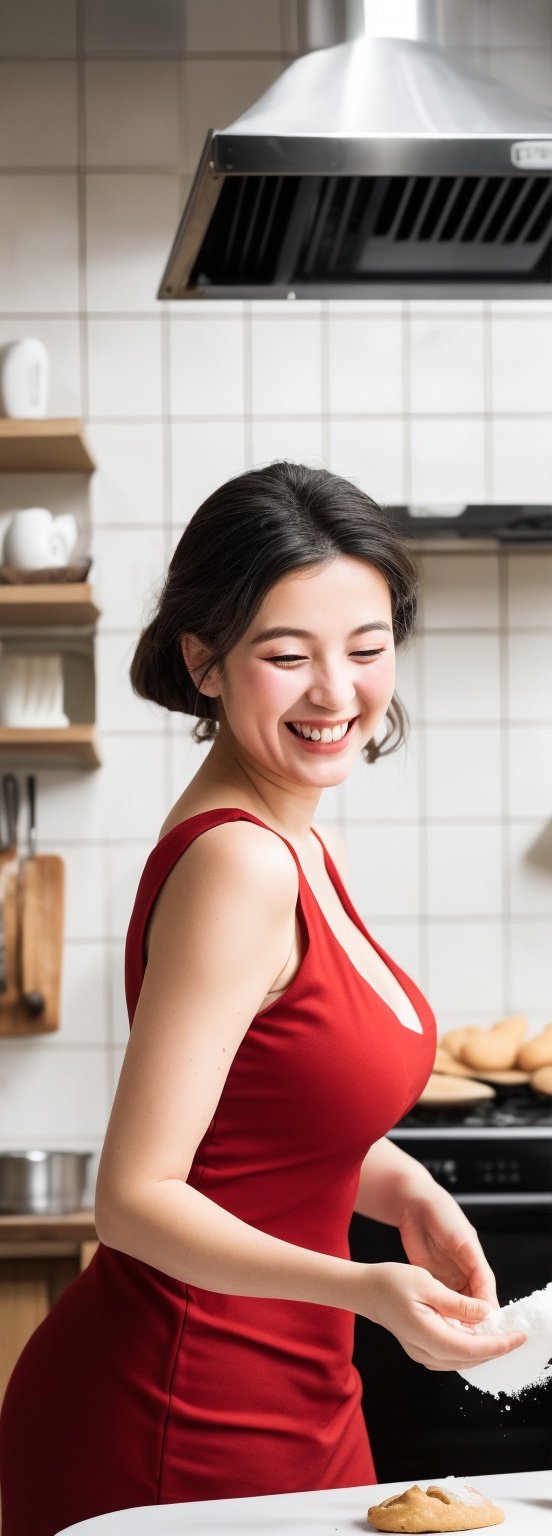 Soft focus captures Italian beauty amidst a warm,  dimly lit kitchen. A miniature red dress hugs her curves as she kneads...